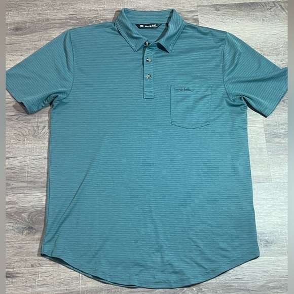 Travis Mathew Medium Knit Stripe Stretch Fitted Polo Shirt Front Pocket - Picture 1 of 9